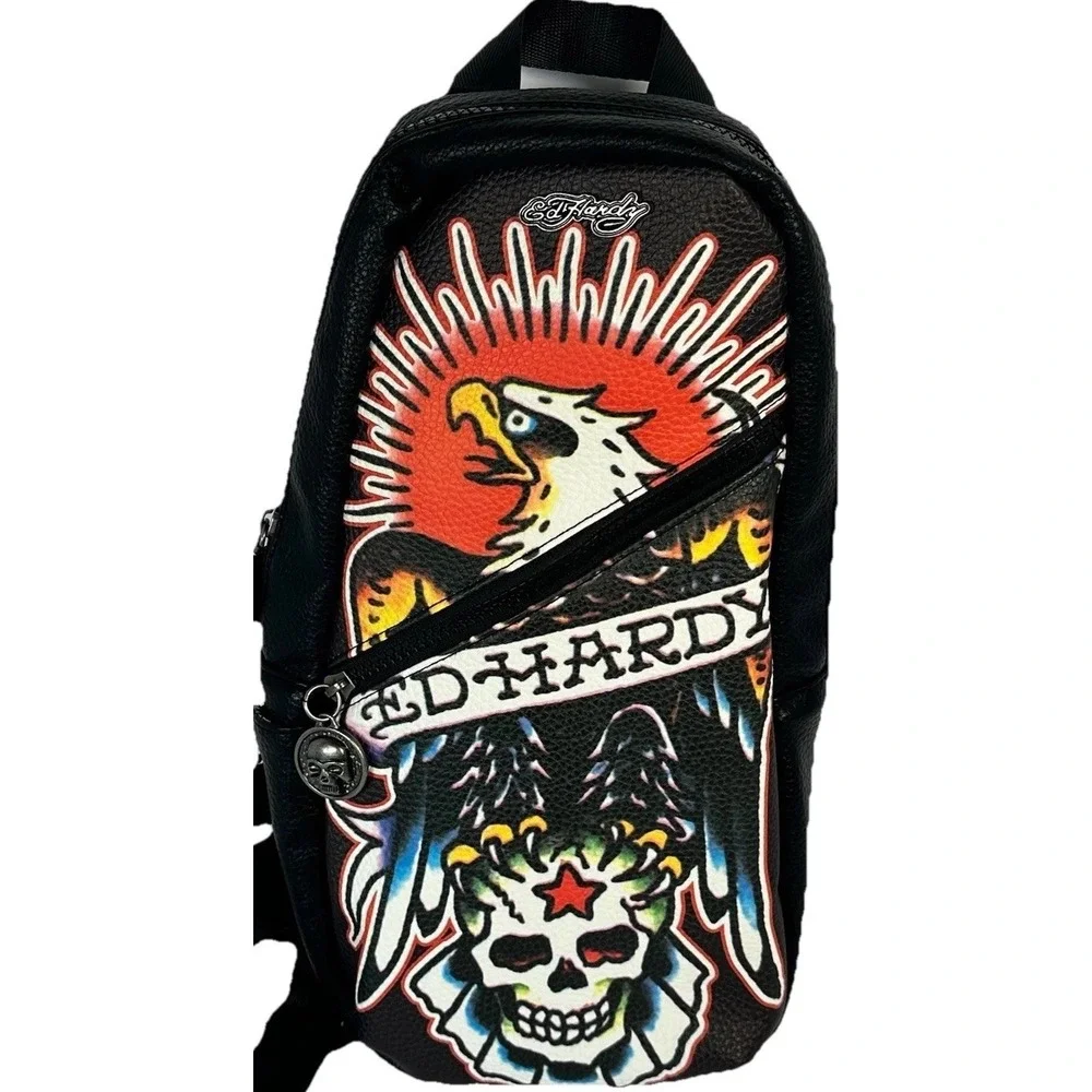 Ed Hardy Mens Black‎ Pebbled Sling Backpack Eagle Skull Tattoo Graphic Bag